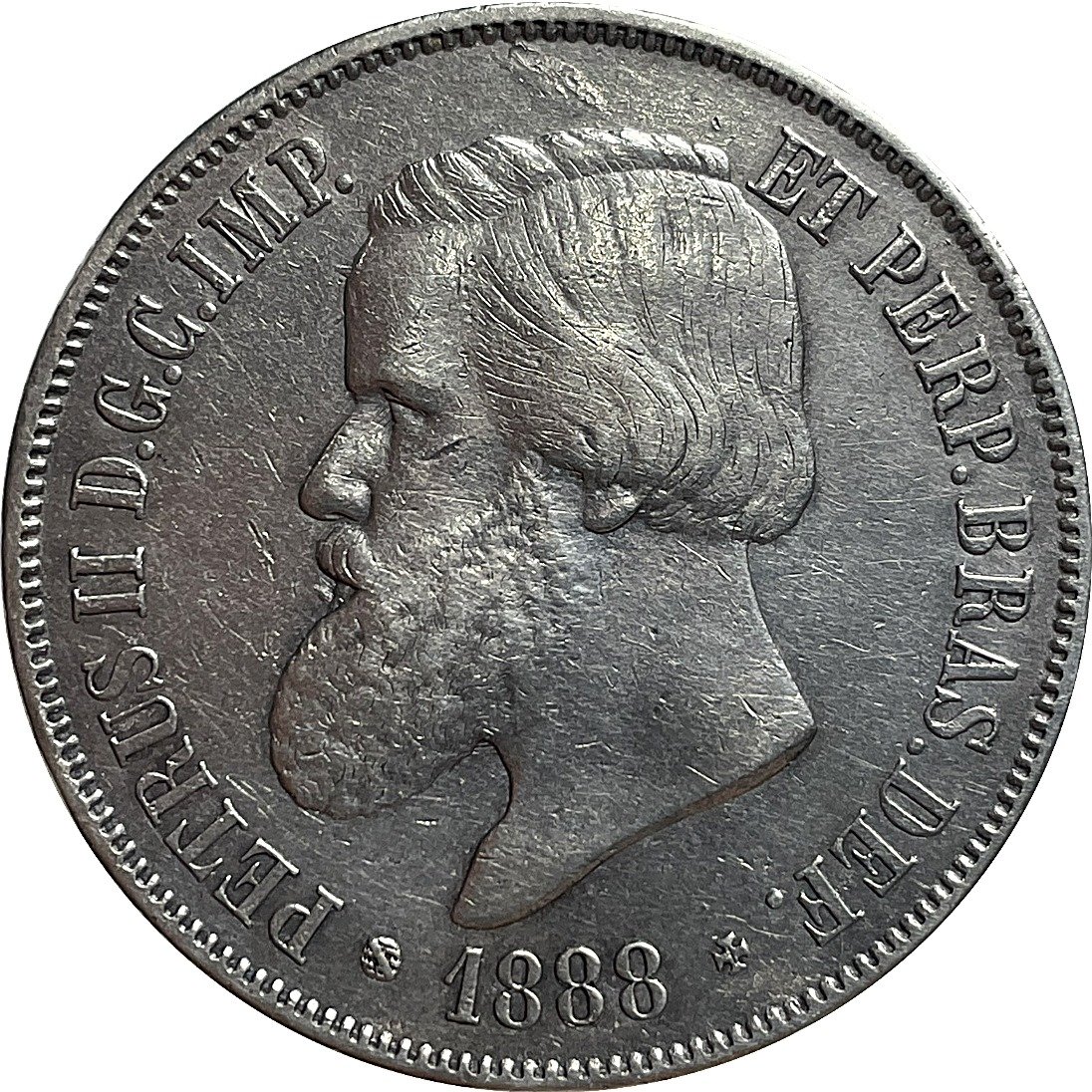 Anverso da moeda de 2000 réis de 1888 com a efígie de D. Pedro II