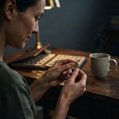 Moedas antigas sobre a mesa de um colecionador