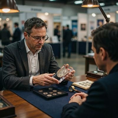 Comerciante numismático avaliando peças