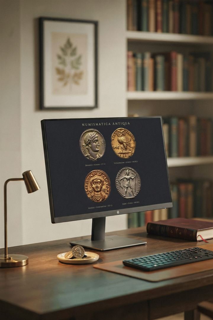 Aula de numismática antiga aberta no computador sobre uma mesa de estudos